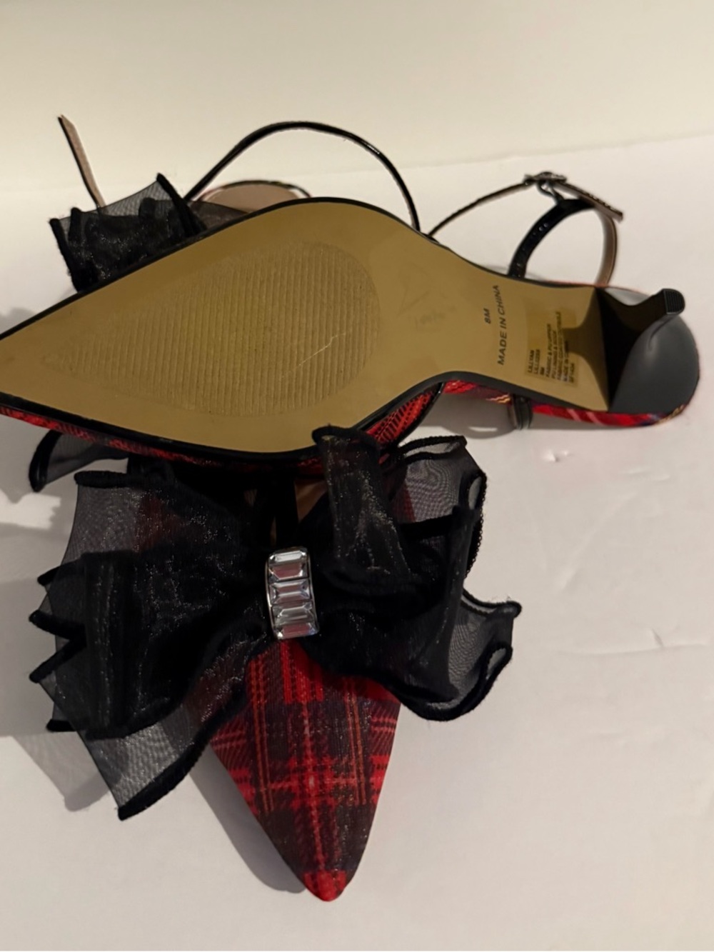 Betsey Johnson Red Tartan Pointed T-Strap Heels with Black Ruffle - Picture 7 of 8